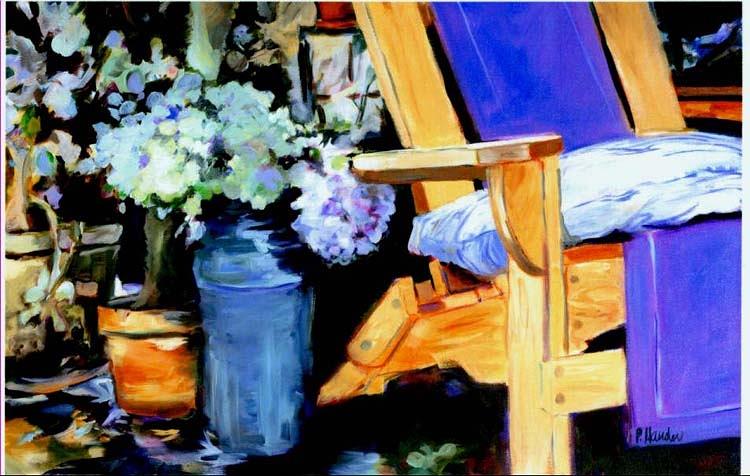 Flower Painting - Hydrangeas and Adriondack Chair by Pauline Hauder