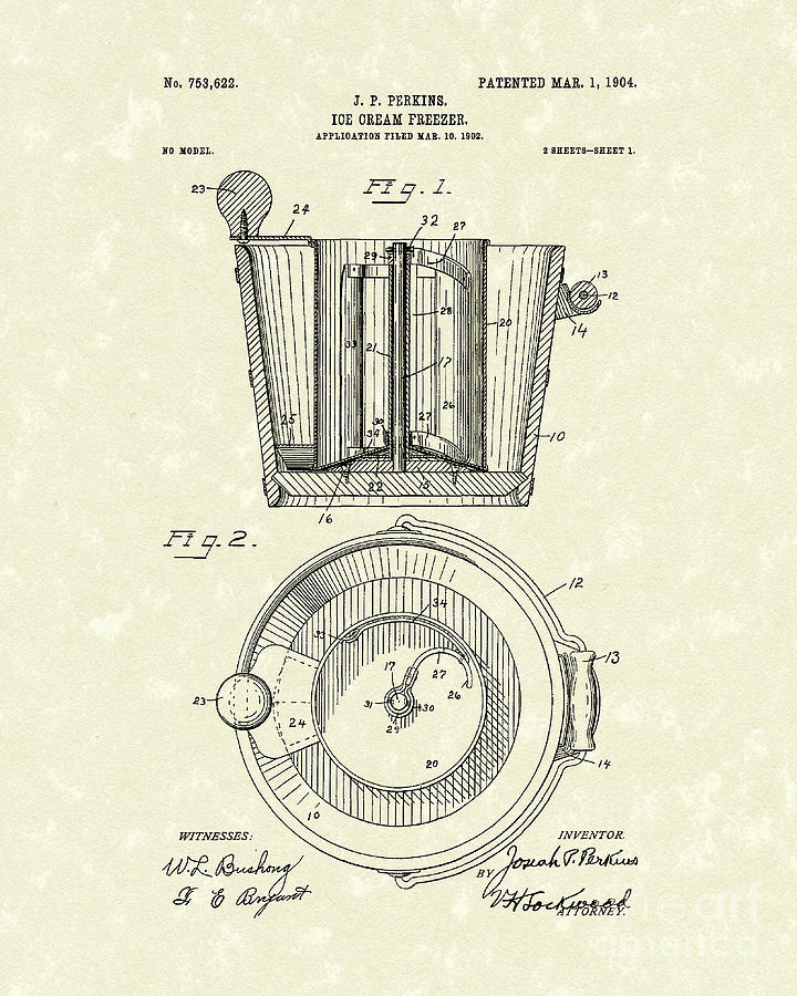 Ice Cream Freezer 1904 Patent Art Drawing by Prior Art Design