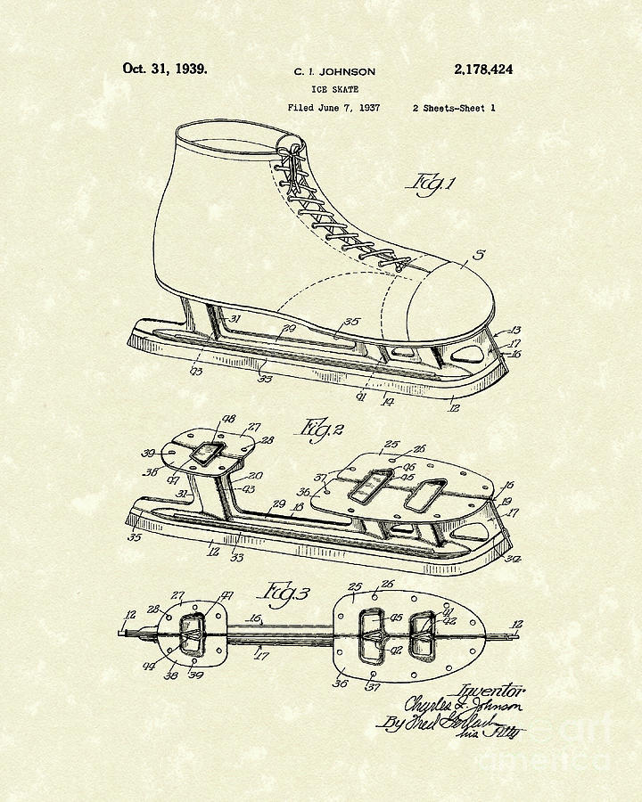 Johnson Drawing - Ice Skate 1939 Patent Art by Prior Art Design