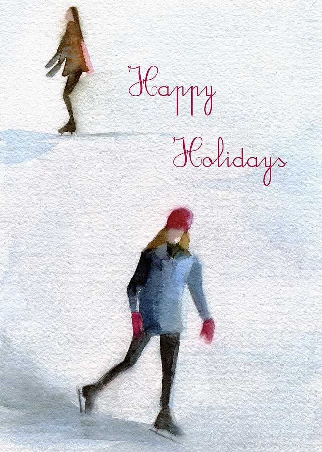 Winter Painting - Ice Skaters Holiday Card by Beverly Brown