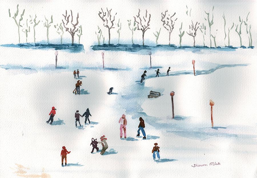 Ice Skating on the Pond Painting by Sharon Mick