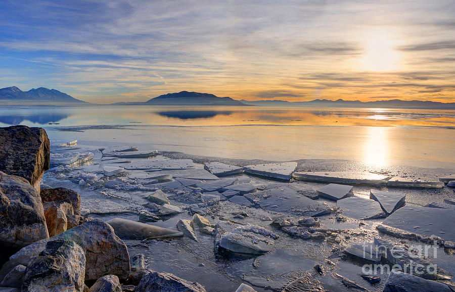 Icy Sunset on Utah Lake Photograph by Gary Whitton