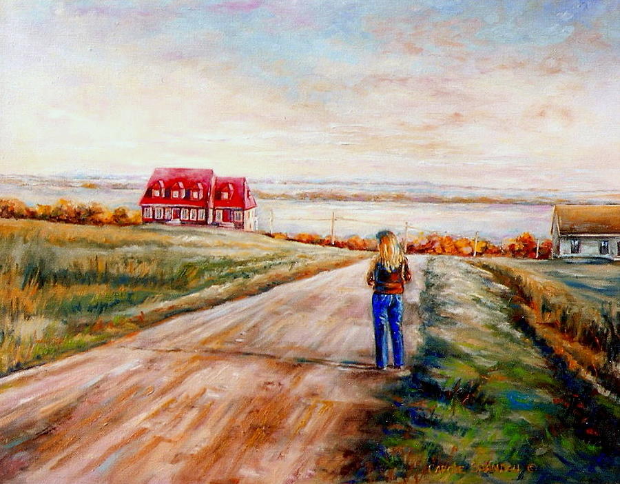 Ile Dorleans Road To The Red Gabled House Quebec Maritime Landscape Painting by Carole Spandau