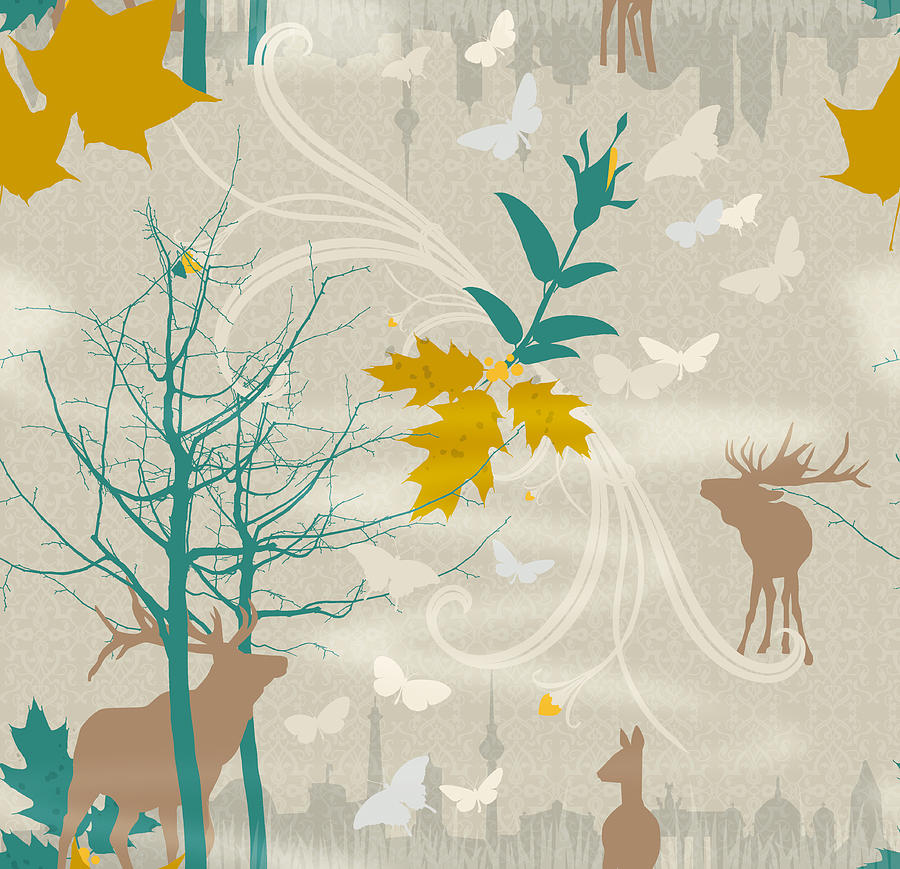 Illustration Of Deers, Leaves, Bare Trees And Urban Skyline Digital Art by Stock4b-rf