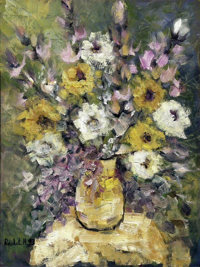 Impression of flowers bouquet yellow vase on white table purple flowers green background stained   Painting by Rachel Hershkovitz
