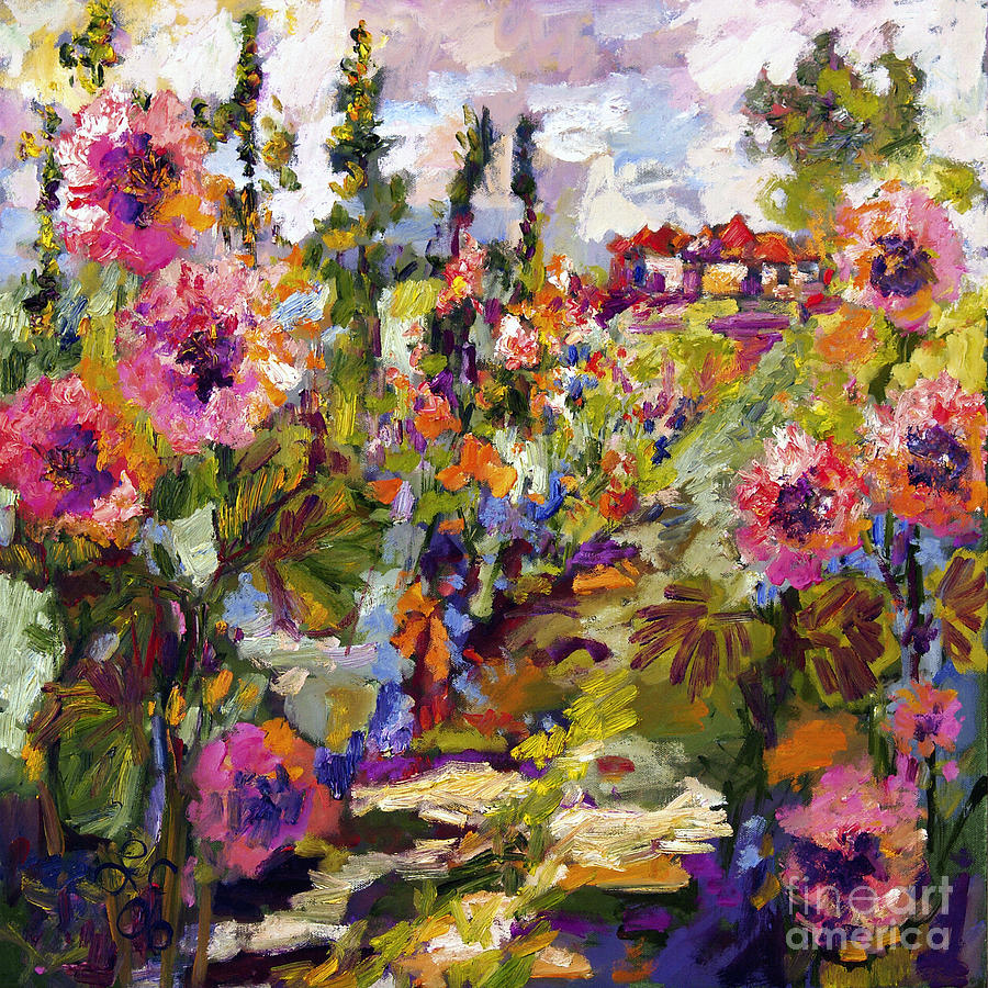 Impressionist Garden Path and Hollyhock Painting by Ginette Callaway