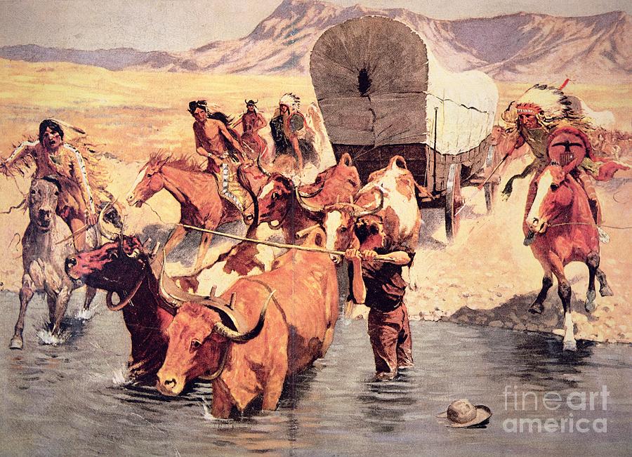 Indians attacking a pioneer wagon train Painting by Frederic Remington