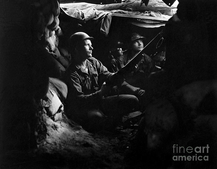 Black And White Photograph - Infantrymen Take Advantage Of Cover by Stocktrek Images