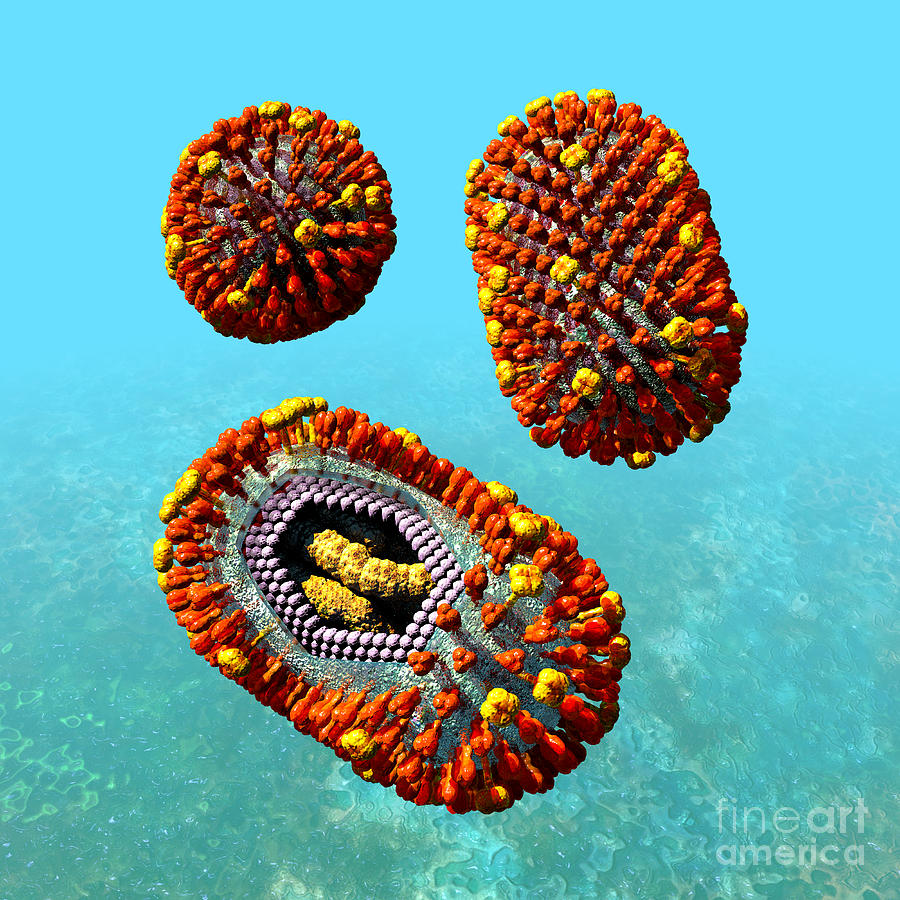 Biological Digital Art - Influenza Virus Scene 1 by Russell Kightley