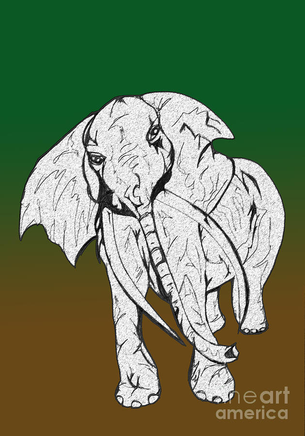 Inked Elephant in Green and Brown Drawing by Mary Mikawoz