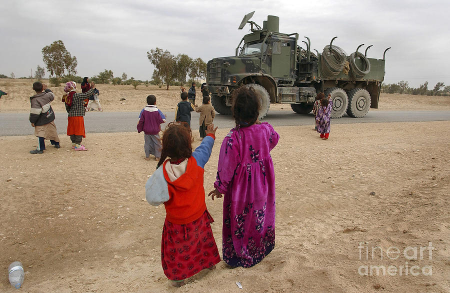 Truck Photograph - Iraqi Children Wave To An American by Stocktrek Images