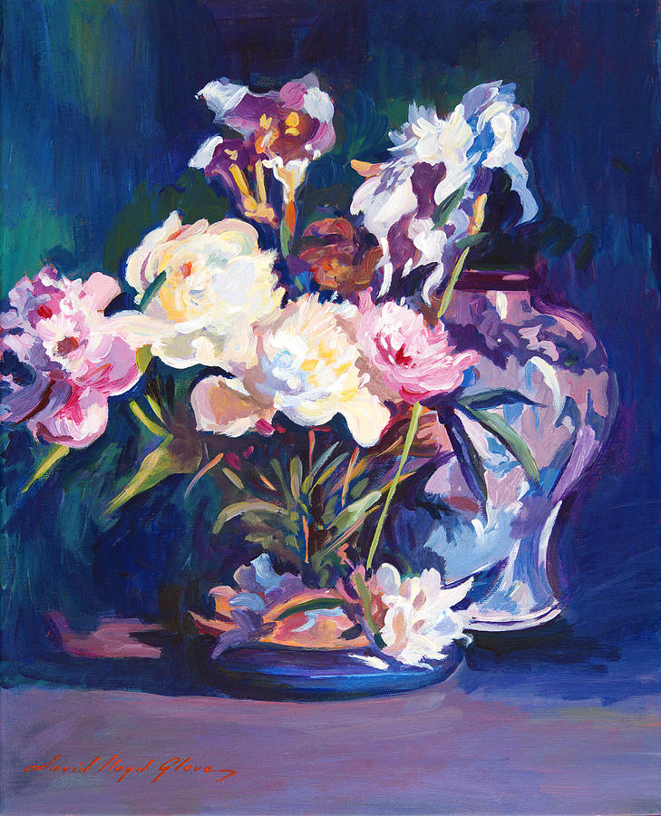 Iris Peonies and Chinese Vase Painting by David Lloyd Glover