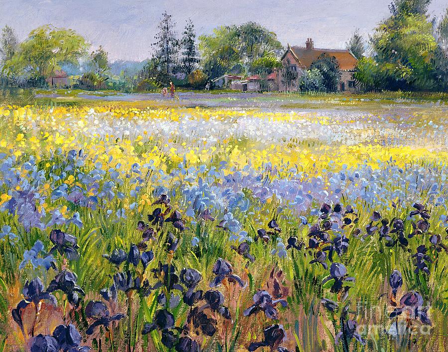 Irises and Two Fir Trees Painting by Timothy Easton