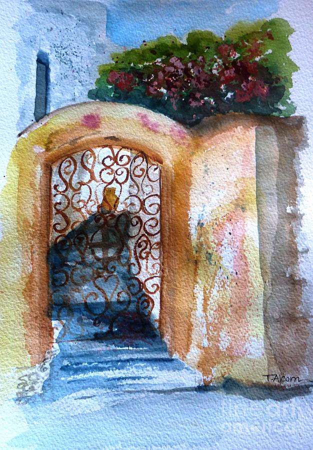 Iron door with bougainvillea Painting by Therese Alcorn