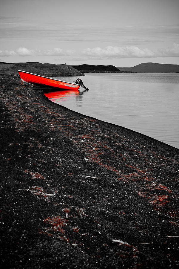 Isolated Red Boat in Black and White Photograph by Anthony Doudt