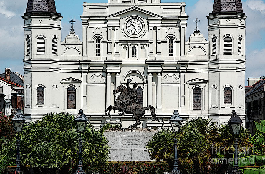 New Orleans Digital Art - Jackson Statue and St Louis Cathedral French Quarter New Orleans Poster Edges Digital Art by Shawn OBrien