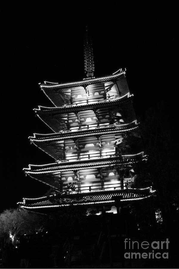 Japan Pavilion Goju-no-to Pagoda at Night EPCOT Walt Disney World Prints Black and White Photograph by Shawn OBrien