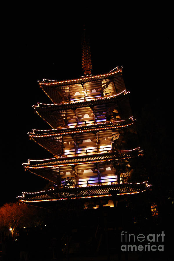 Japan Pavilion Goju-no-to Pagoda at Night EPCOT Walt Disney World Prints Photograph by Shawn OBrien