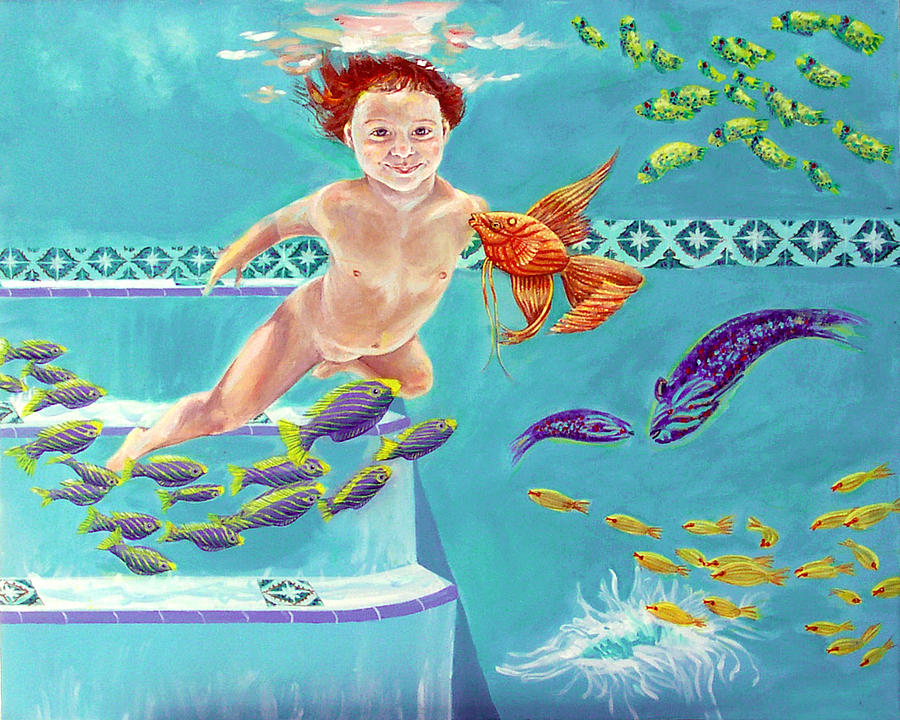 Jeannie as a baby swimming as a fish Painting by Nancy Tilles
