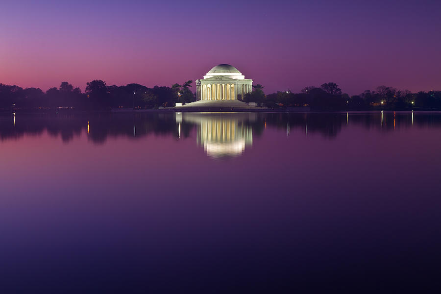 Architecture Photograph - Jefferson Memorial and Pond at Blue Light by Val Black Russian Tourchin