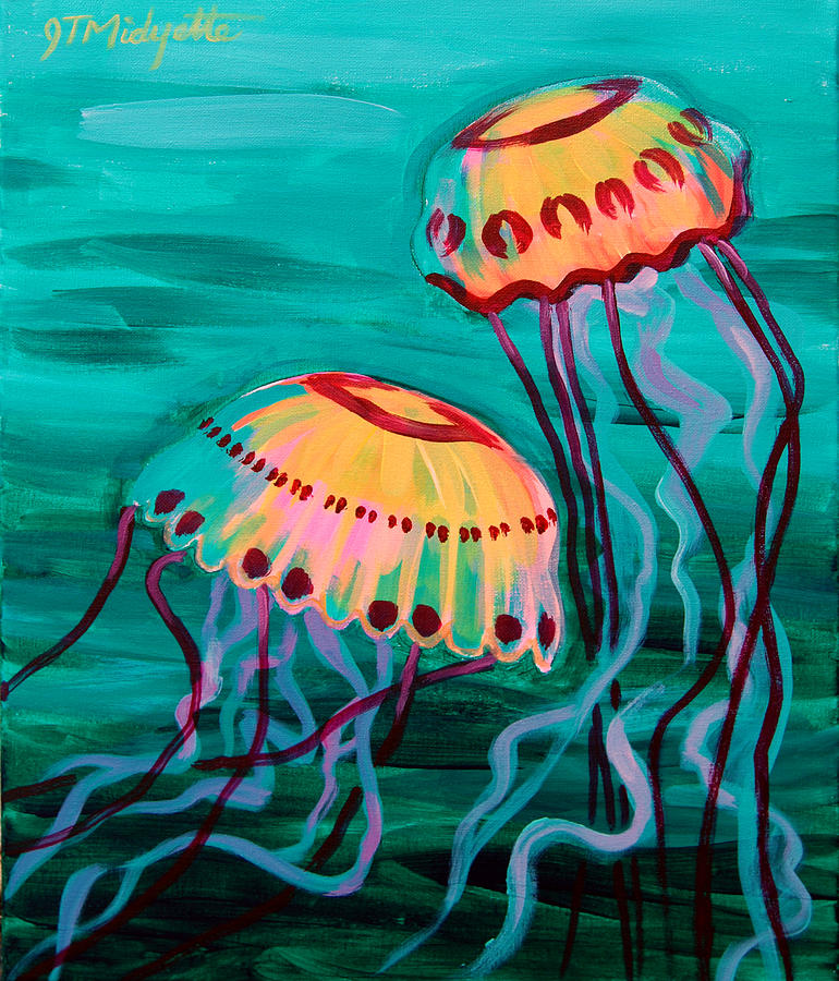 Jellyfish in green water Painting by Tommy Midyette