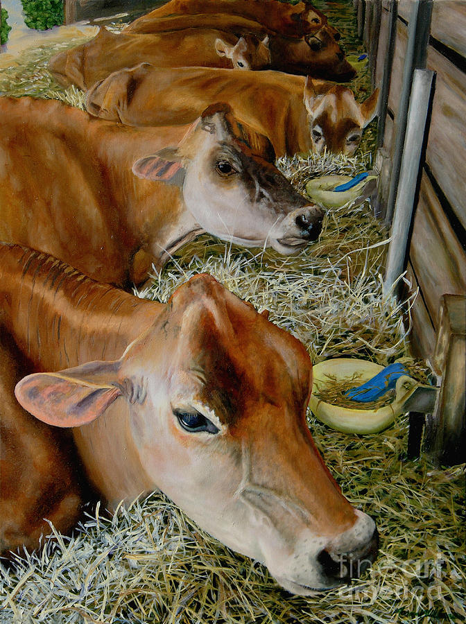 Cow Painting - Jersey Girls before the Show by Aaron Wilbers Cow Painting - Jersey Girls before the Show by Aaron Wilbers