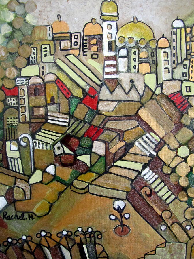 Jerusalem alleys 7 lacquer on canvas with stairs mosques minarettes domes flower fences  Painting by Rachel Hershkovitz