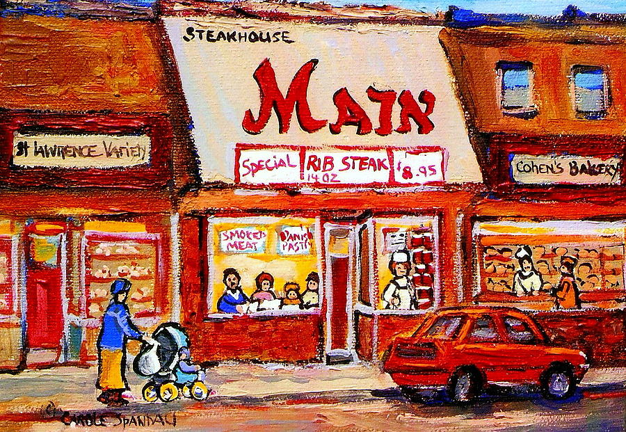 Jewish Montreal Vintage City Scenes The Main Rib Steaks On St. Lawrence Boulevard Painting by Carole Spandau