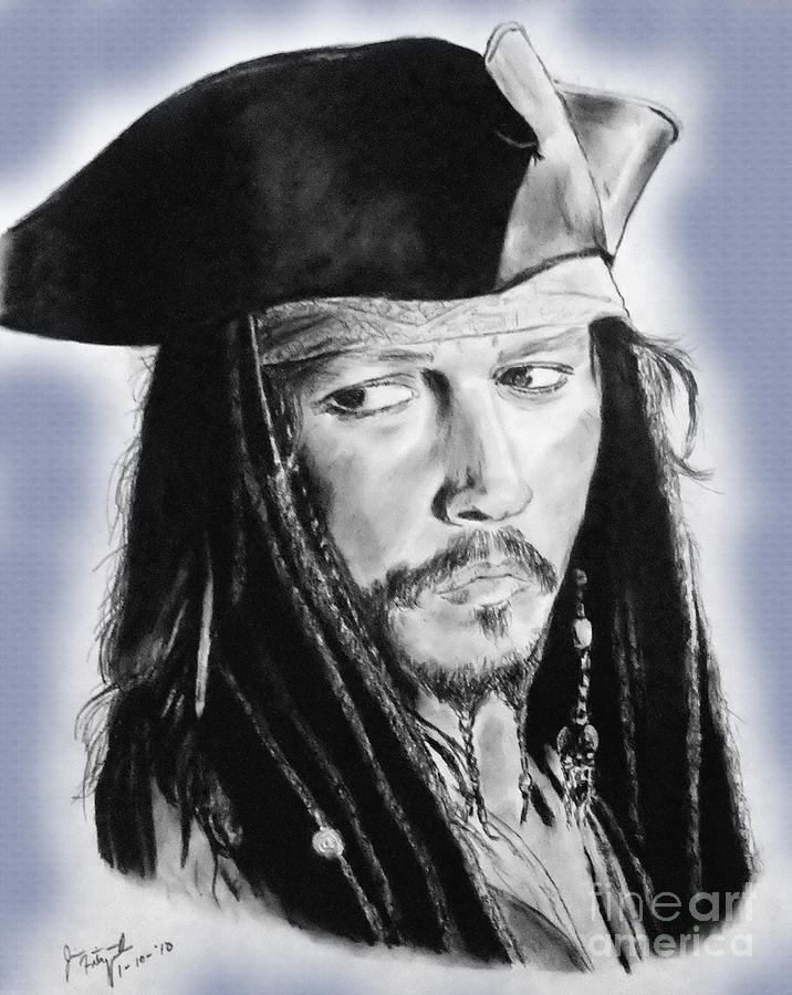 Pirates Of The Caribbean Drawing - Johnny Depp as Captain Jack Sparrow in Pirates of the Caribbean II by Jim Fitzpatrick