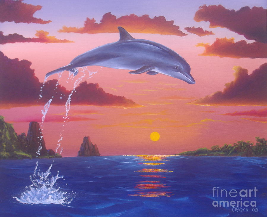 Jumping Dolphin Painting by Michael Allen