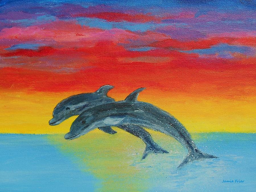Jumping Dolphins Left Painting by Jamie Frier