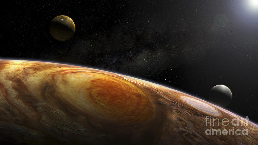 Space Digital Art - Jupiters Moons Io And Europa Hover by Steven Hobbs