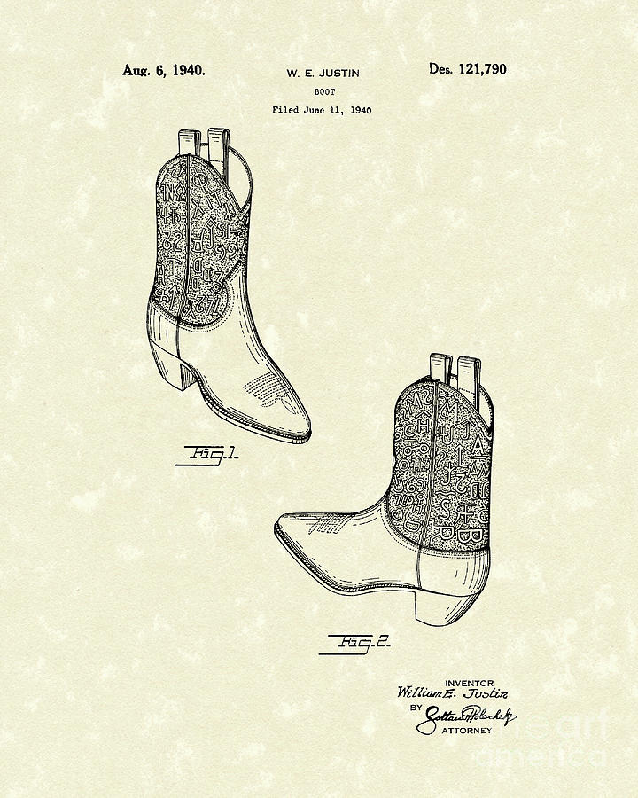 Boot Drawing - Justin Boot 1940 Patent Art by Prior Art Design