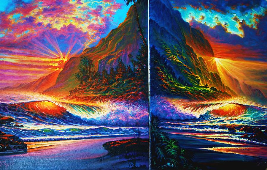 Seascape Painting - Kauai Island Sunset Diptec by Joseph Ruff