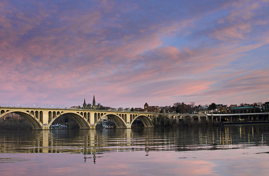Key Bridge at sunrise from the Potomac River Photograph by Brendan Reals