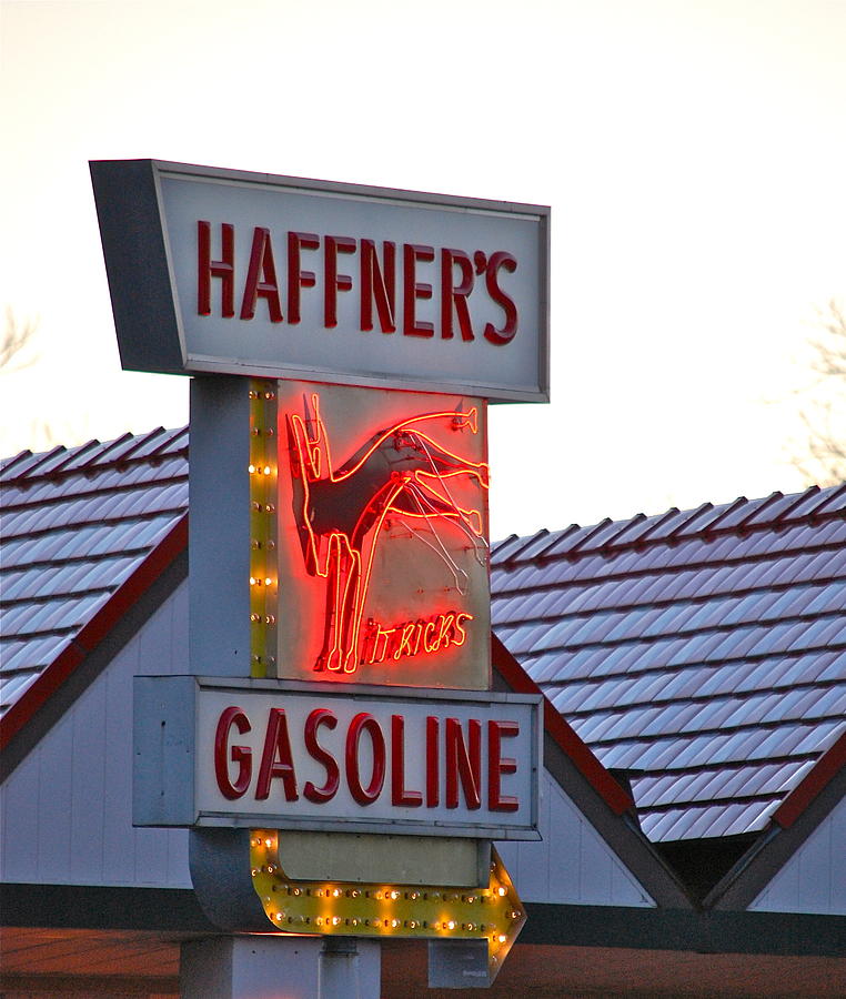 Kicking Haffners Gasoline Sign Photograph by Mary McAvoy