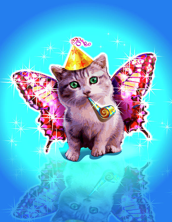 Kitten With Party Horn Blower, Party Hat And Wings Digital Art by New Vision Technologies Inc