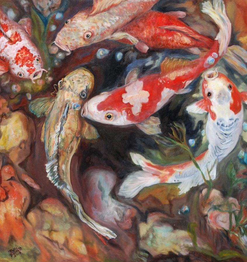 Fish Painting - Koi Fish Circling by Phyllis Barrett
