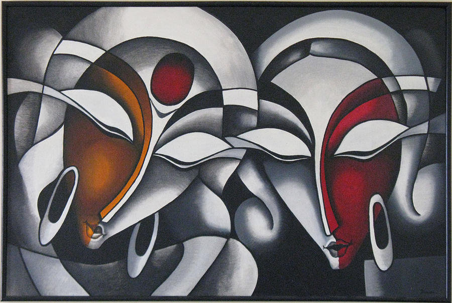 Black And White Painting - Krishna-Radha Modern Art by Kanan Trivedi