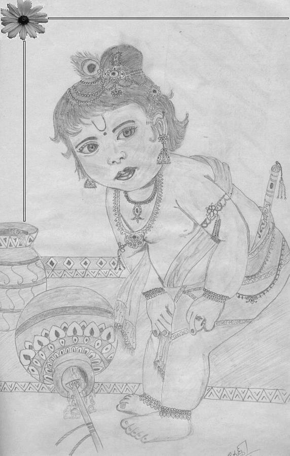 little bal krishna having delicious makhan pencil drawingtaposhiarts   YouTube