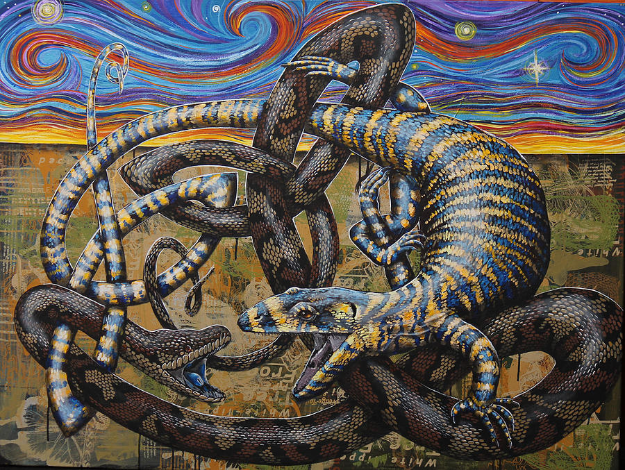 Snake Painting - Lace Monitor vs Carpet Python by Bill Flowers