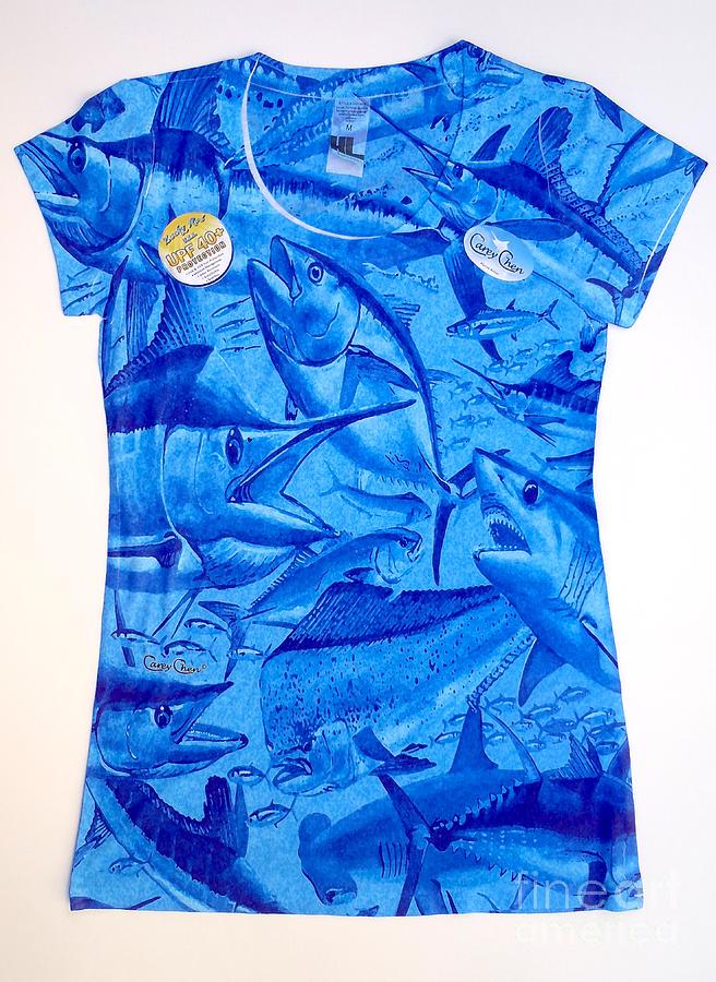 Fish Painting - Ladies gamefish collage shirt by Carey Chen