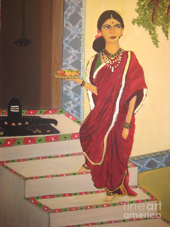 Shiva Temple Painting - Lady going to pray by Deepa Padmanabhan