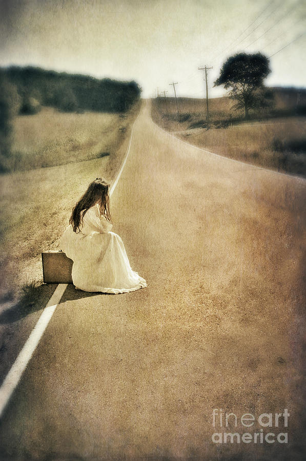 Lady in Gown Sitting by Road on Suitcase Photograph by Jill Battaglia ...