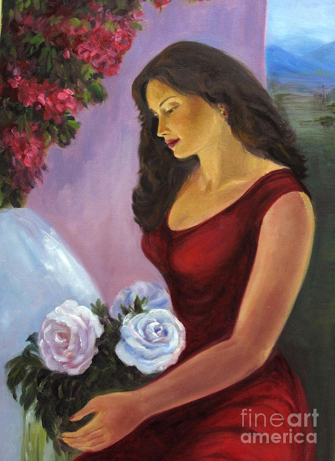 Lady in Red Painting by Asha Sudhaker Shenoy