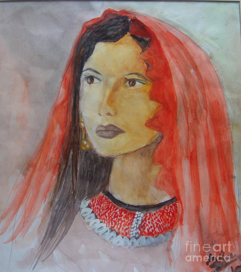 Girl Painting - Lady in Red veil by Sulzhan Bali