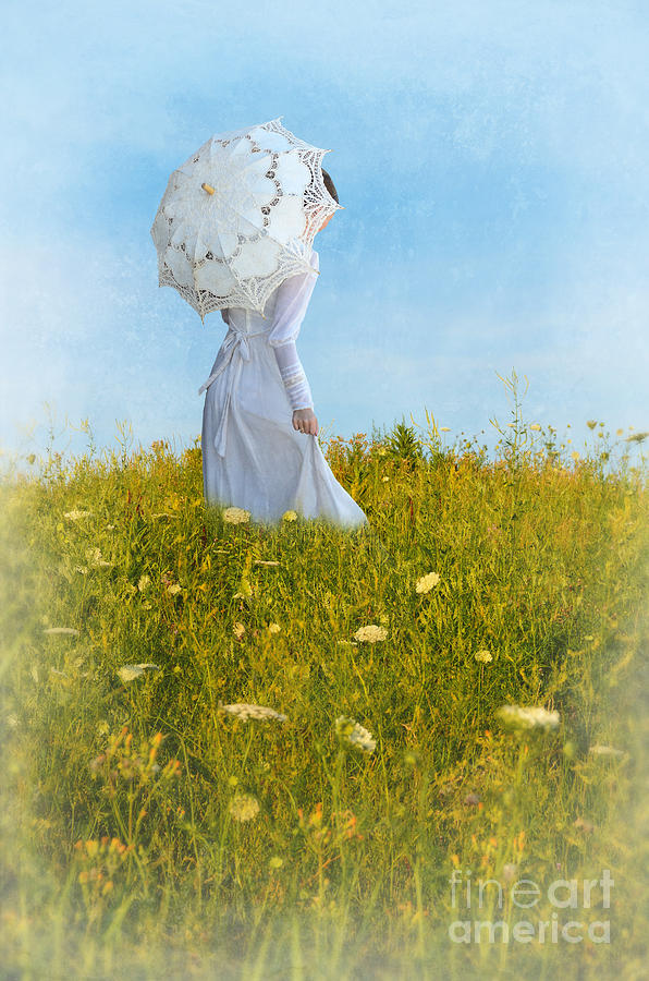Lady in White with Parasol in Field Photograph by Jill Battaglia