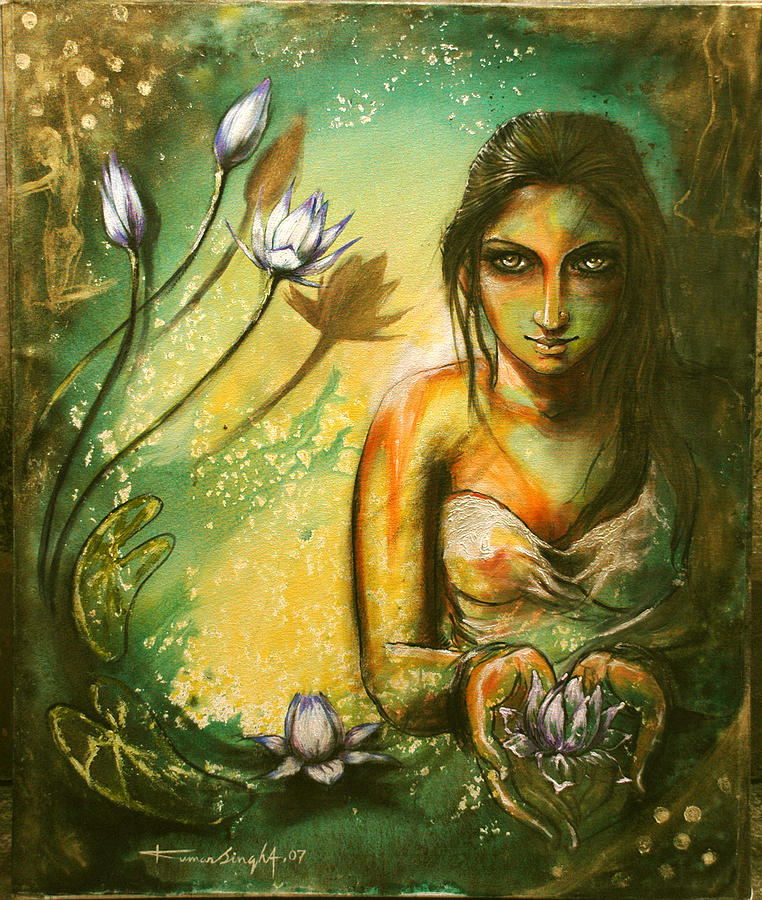 Lady With Blue Lotus Painting by Kumar Singha - Fine Art America