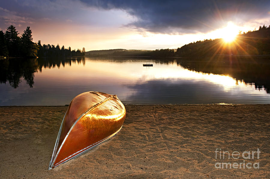 Lake Sunset With Canoe On Beach 4 Photograph