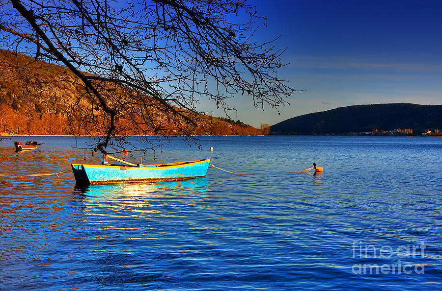 Nature Pyrography - Lake with blue boat by Soultana Koleska